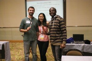 Chocolate winners Matt Juszczyk (left) and Chijoke Obiekezie (right) with Caroline Chan (middle) at the 2013 IEEE Electromagnetic Compatibility Symposium Ice Cream Social