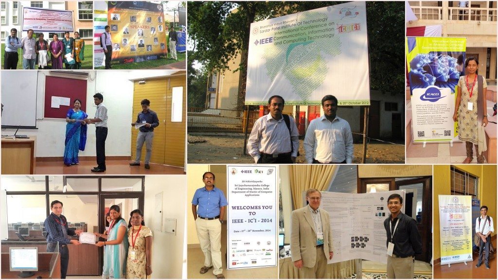 Various students presenting their papers at IEEE conferences. Highlight - Dr. Peter Staecker, President, IEEE with Sachin S K at the Demo - IT competition, Hyderabad, India (Bottom row, second from right)