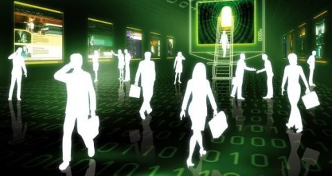White silhouette business people walking in digital world